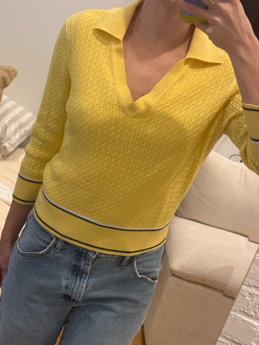 Tommy Hilfiger Yellow V-Neck Polo Cable Knit Sweater